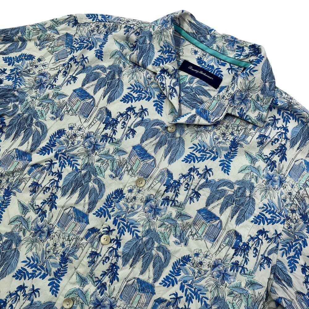 Tommy Bahama 100% Silk Mens White & Blue Asian Style Bamboo Button Down 474